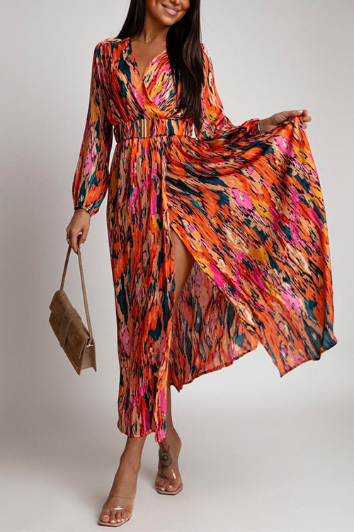 Karladress V Neck Long Sleeve Belted Printed Maxi Wrapped Dress