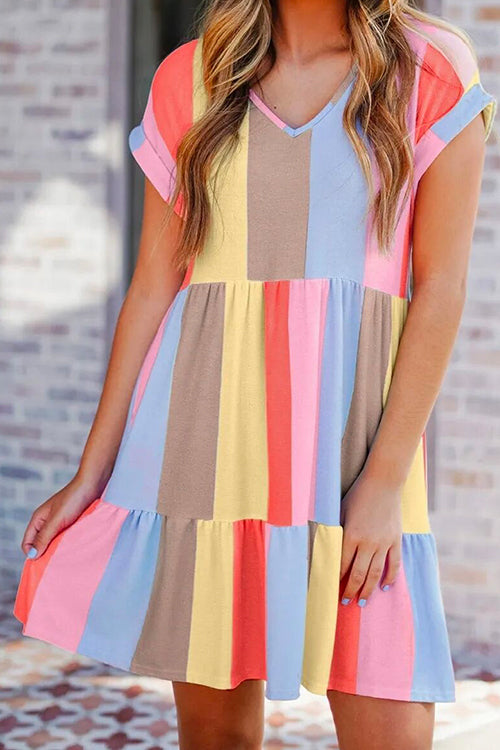 Karladress V Neck Color Block Stripes Candy Swing Dress