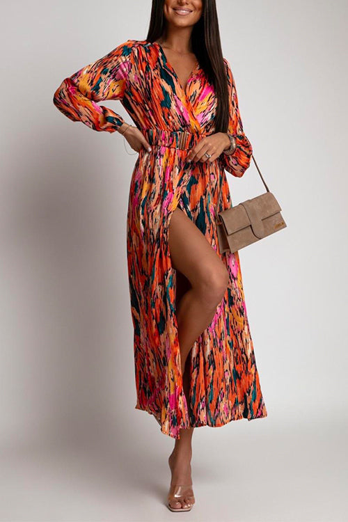 Karladress V Neck Long Sleeve Belted Printed Maxi Wrapped Dress