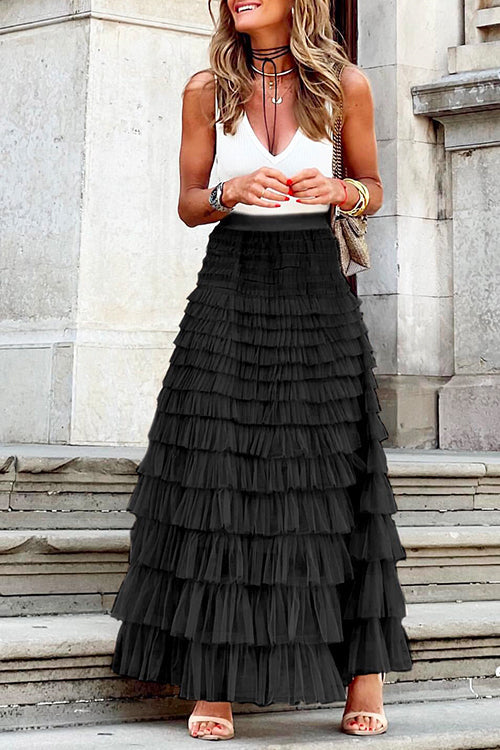 Karladress Ruffle Layered Mesh A-line Long Tulle Skirt