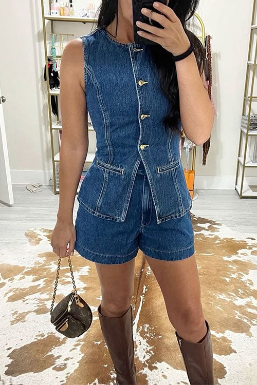 Karladress Sleeveless Button Up Top and High Rise Shorts Denim Set