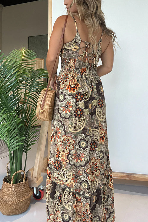 Karladress V Neck Back Lace-up Slit Floral Print Maxi Cami Dress