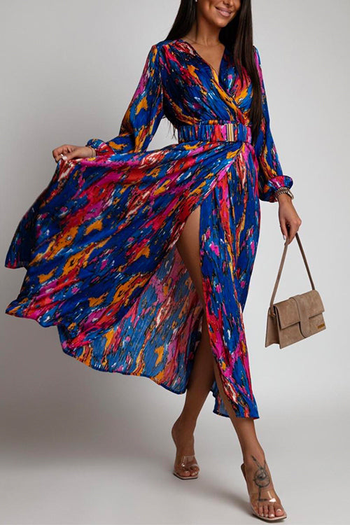 Karladress V Neck Long Sleeve Belted Printed Maxi Wrapped Dress