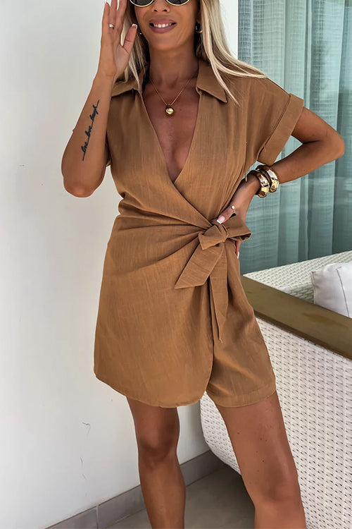 Karladress Wrap V Neck Tie Knot Shorts Romper