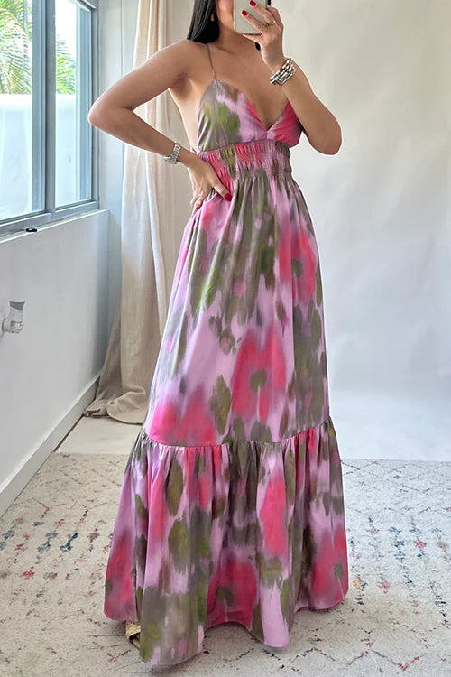 Karladress V Neck Open Back High Waist Tie Dye Maxi Vacation Dress