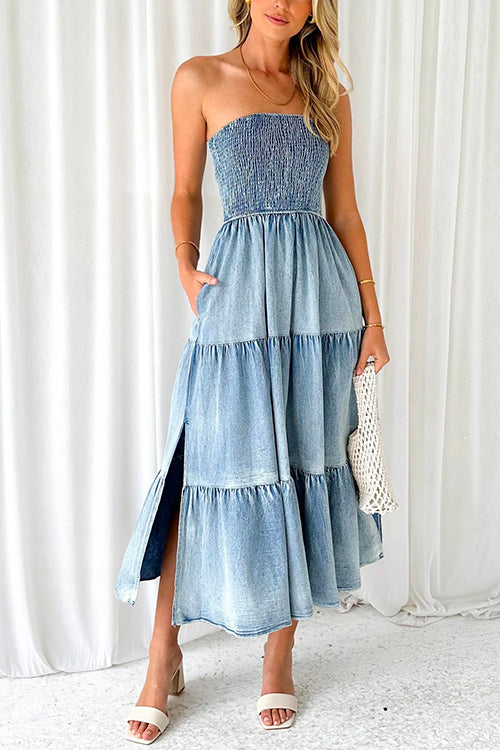 Karladress Strapless Tube Side Slit Ruffle Tiered Denim Dress