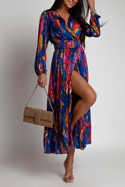 Karladress V Neck Long Sleeve Belted Printed Maxi Wrapped Dress