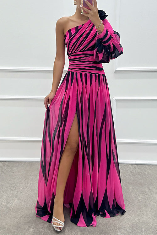 Karladress One Shoulder Waisted Slit Printed Maxi Dress