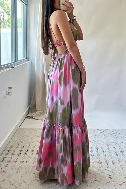 Karladress V Neck Open Back High Waist Tie Dye Maxi Vacation Dress