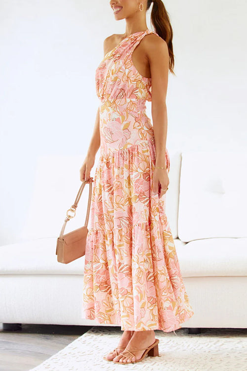 One Shoulder Ruffle Tiered Floral Print Maxi Dress