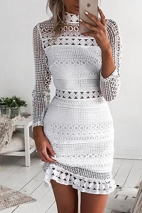 Karladress Mockneck Back Zipper Lace Splice Hollow Out Dress