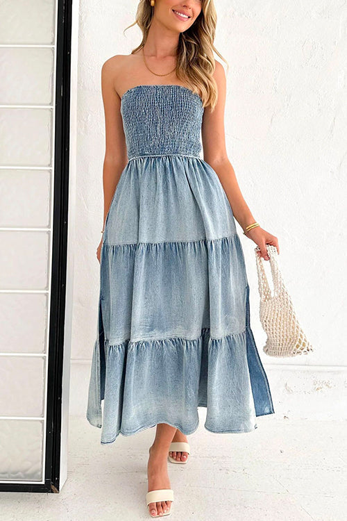 Karladress Strapless Tube Side Slit Ruffle Tiered Denim Dress