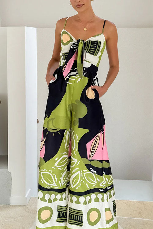 Karladress Tie Front Cut Out Wide Leg Printed Cami Jumpsuit