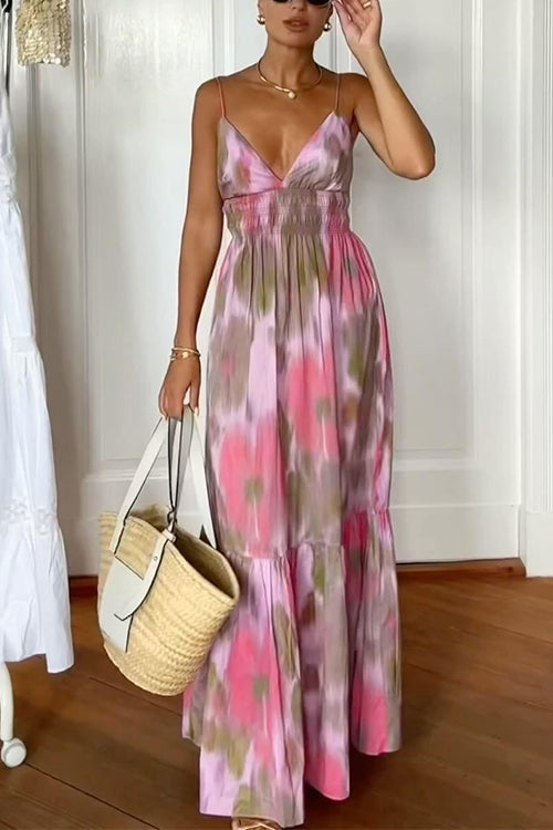 Karladress V Neck Open Back High Waist Tie Dye Maxi Vacation Dress