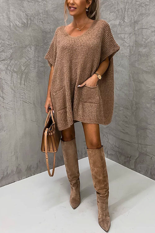 Karladress Oversized V Neck Short Sleeves Pocketed Poncho Sweater