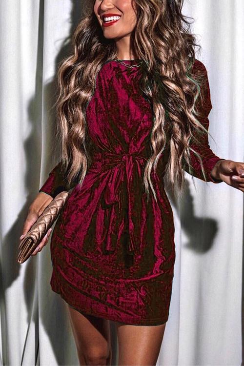 Karladress Tie Waist Velvet Holiday Dress(in 4 Colors)