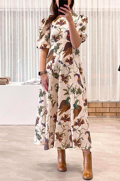 Karladress Puff Sleeves High Waist Unique Printed Maxi Swing Dress