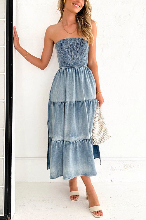 Karladress Strapless Tube Side Slit Ruffle Tiered Denim Dress