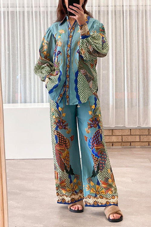 Karladress Birds Printed Puff Long Sleeves Blouse Shirt Wide Leg Pants Vacation Set