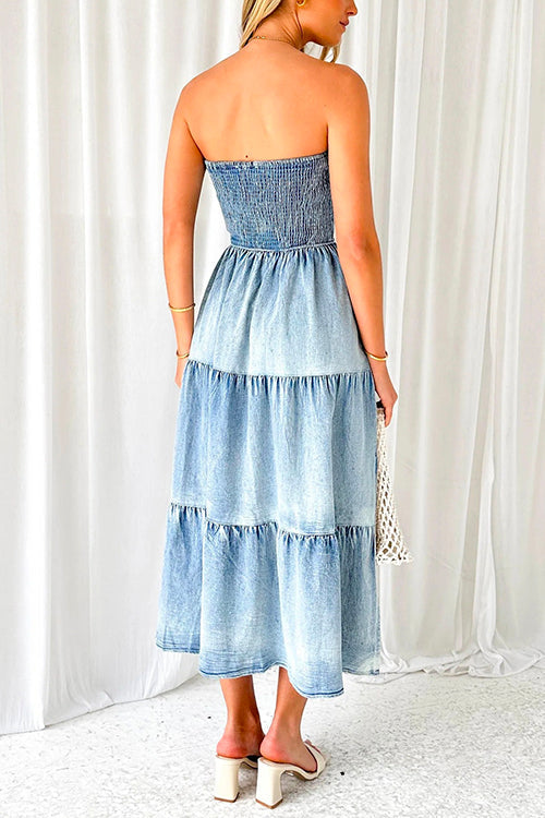 Karladress Strapless Tube Side Slit Ruffle Tiered Denim Dress