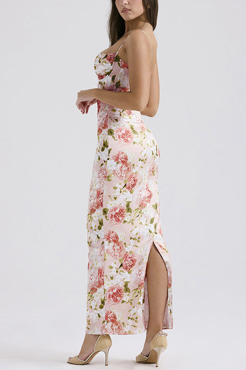 Karladress Floral Print Back Slit Bustier Maxi Sling Dress