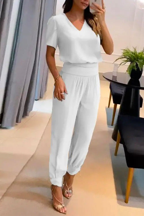 Karladress V Neck Short Sleeve Top High Waist Tapered Pants Set