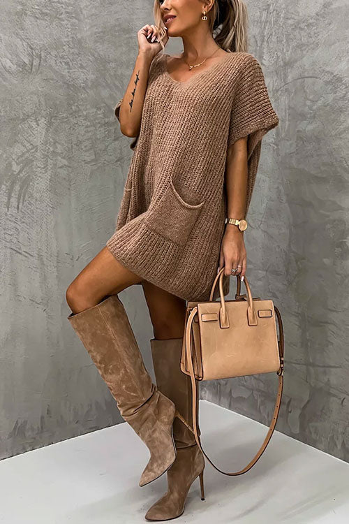 Karladress Oversized V Neck Short Sleeves Pocketed Poncho Sweater