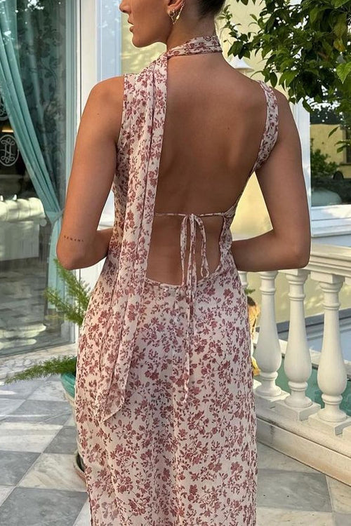 Karladress Sleeveless Open Back Slit Floral Print Maxi Flowy Dress