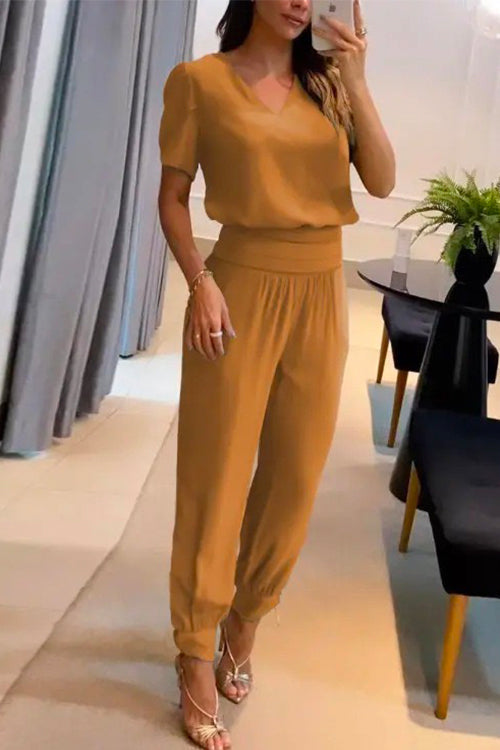 Karladress V Neck Short Sleeve Top High Waist Tapered Pants Set