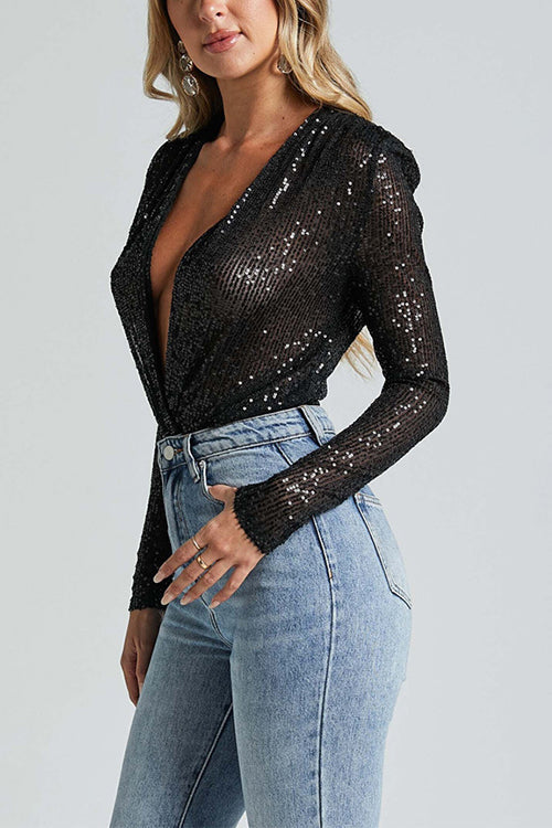 Karladress Wrap Deep V Neck Long Sleeves Sequin Bodysuit