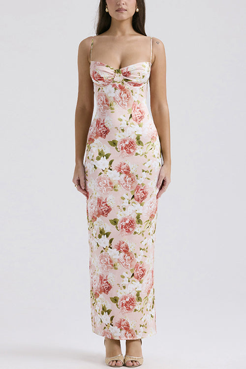 Karladress Floral Print Back Slit Bustier Maxi Sling Dress