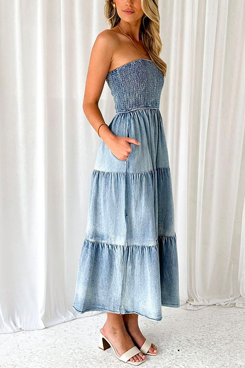 Karladress Strapless Tube Side Slit Ruffle Tiered Denim Dress