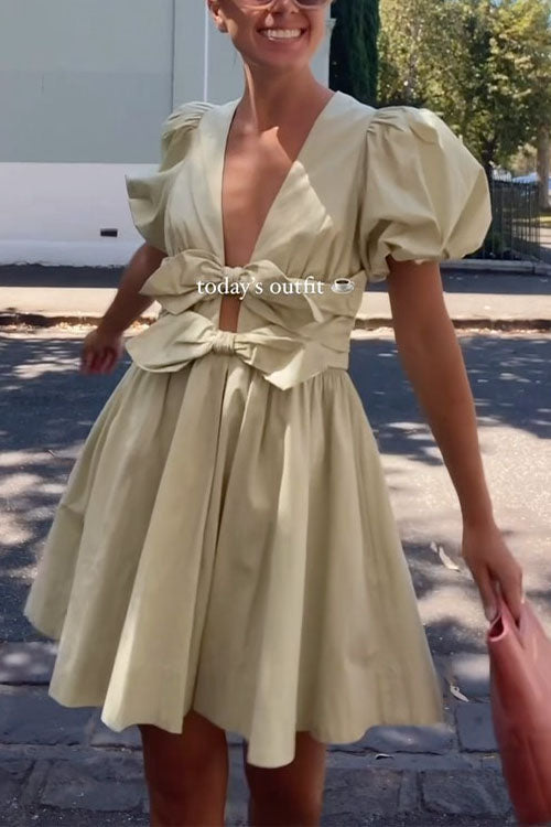 Karladress Deep V Neck Puff Sleeves Bow Knot Swing Dress