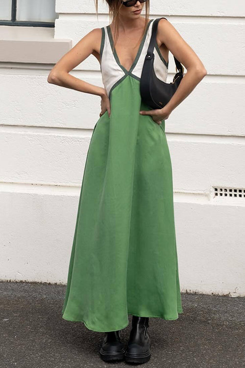 Karladress V Neck Color Block Sleeveless Maxi Swing Dress