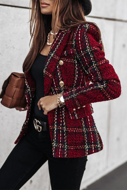 Karladress Double Breasted Open Front Plaid Blazer Jacket