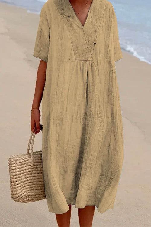 Karladress V Neck Short Sleeve Baggy Cotton Linen Midi Dress