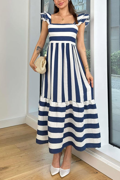 Karladress Square Neck Ruffle Sleeves Striped Maxi Dress