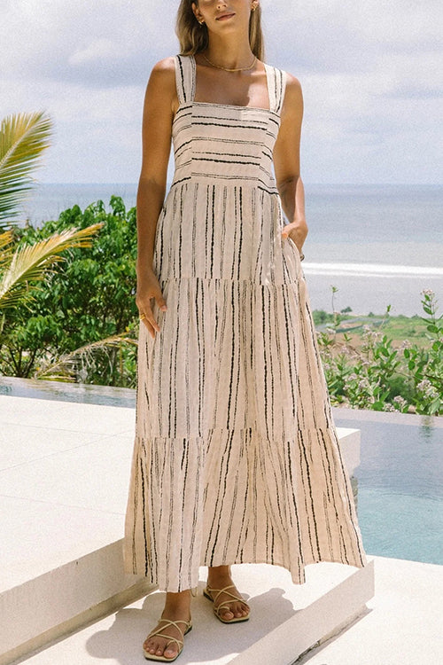 Karladress Square Collar Tiered Striped Maxi Cami Dress