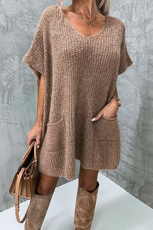 Karladress Oversized V Neck Short Sleeves Pocketed Poncho Sweater