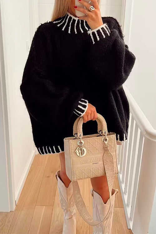 Karladress Turtleneck Drop Shoulder Color Block Pullover Sweater