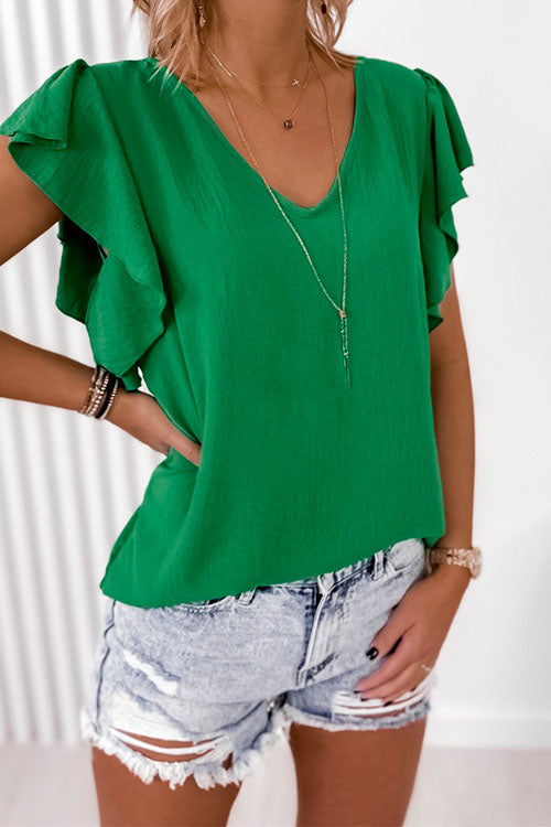 Karladress V Neck Flare Sleeve Solid Summer Top