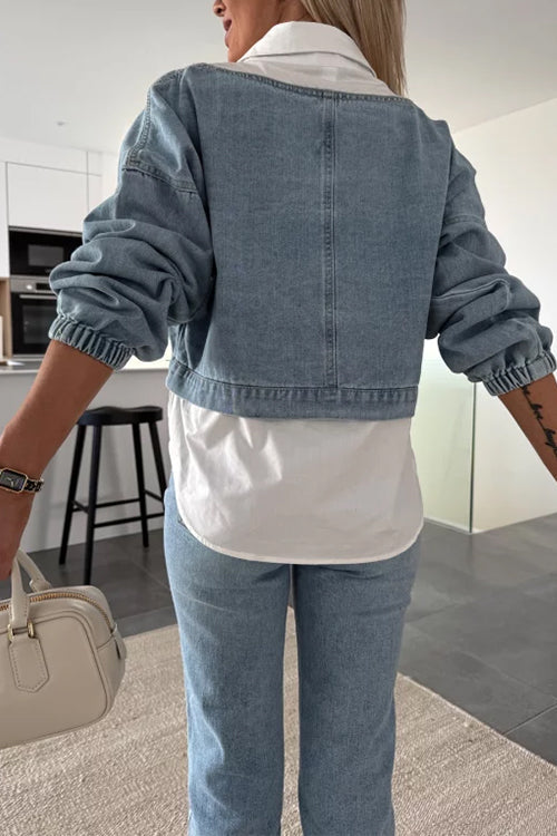 Lapel Long Sleeves Splice Faux Two-piece Denim Top