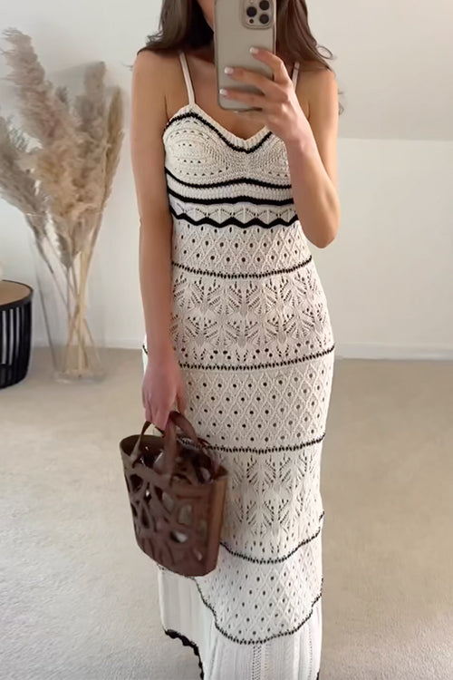 Karladress V Neck Crochet Hollow Out Color Block Knitting Maxi Cami Dress