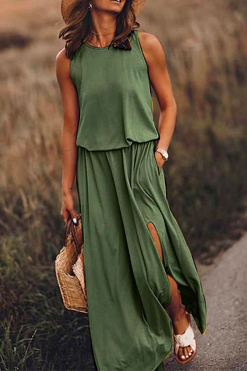 Karladress Sleeveless Waisted Slit Maxi Tank Dress