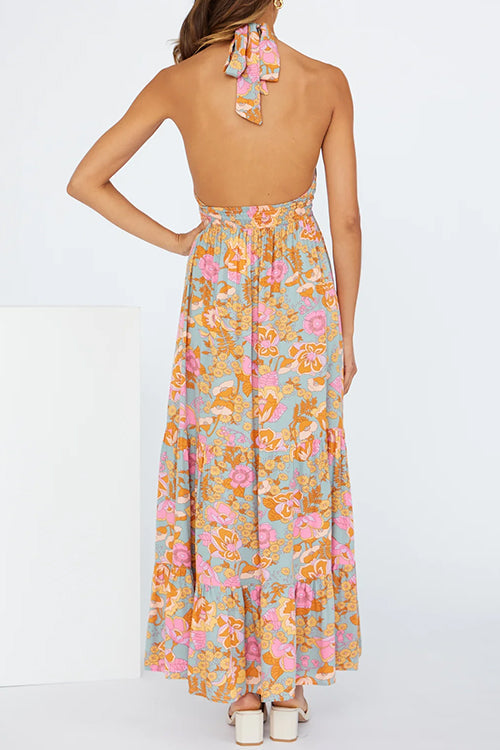 Karladress Criss Cross Halter Backless Cut Out Slit Floral Maxi Dress