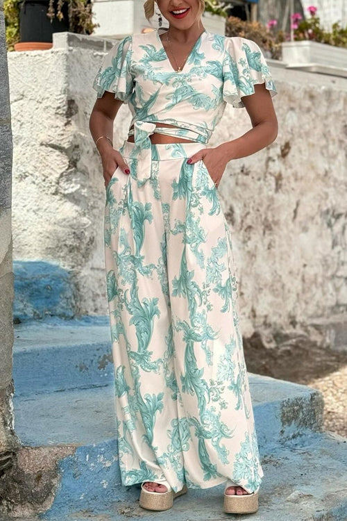 Flare Sleeves Tie Waist Crop Wrap Top and Pocketed Wide Leg Pants Printed Set