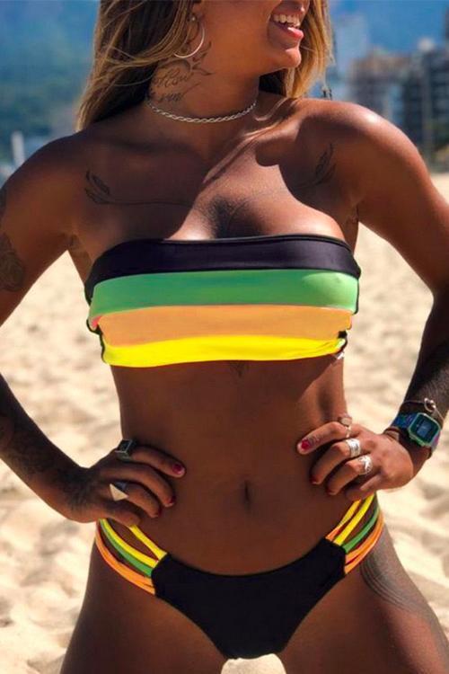 Karladress Rainbow Striped Tube Top Bandeau Bikini Set