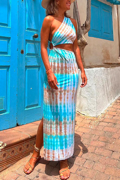 Karladress One Shoulder Cut Out Waist Side Split Tie Dye Maxi Dress