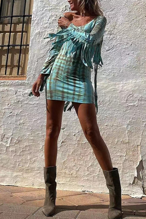 Karladress Tie Dye Long Sleeves Tassle Mini Dress