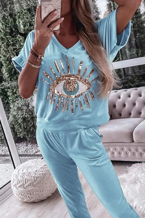 Karladress Sequin Pattern V Neck Short Sleeve Top with Pocketed Pants Casual Set